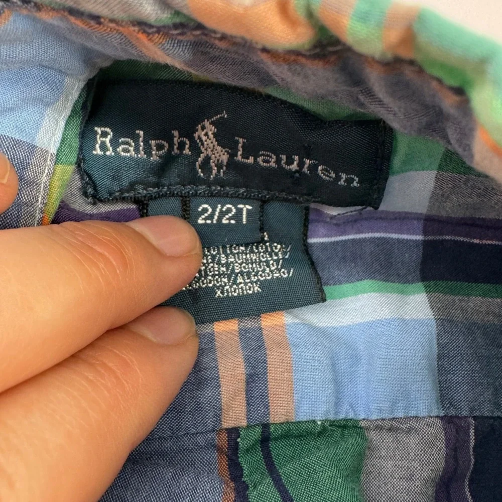 Ralph Lauren Toddler Boys 2T Plaid Button-Down Shirt Green‎ Blue Long Sleeve